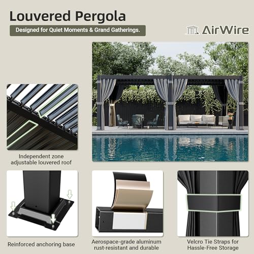 Airwire 12'x20' Louvered Pergola, Outdoor Pergola with 2 Independent Adjustable Roof and Drainage System, Aluminum Pavilion with Curtains & Netting, Hardtop Gazebo for Patio, Deck, Garden, Gray