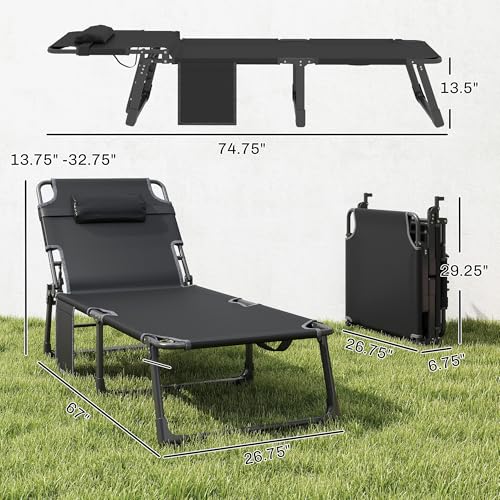 Outsunny Chaise Lounge Chair Outdoor Set of 2, 5-Position Reclining Pool Lounge Chairs with Cushions, Side Pocket, Headrest, Folding Lounger Tanning Chair Camping Cot for Patio, Beach, Black