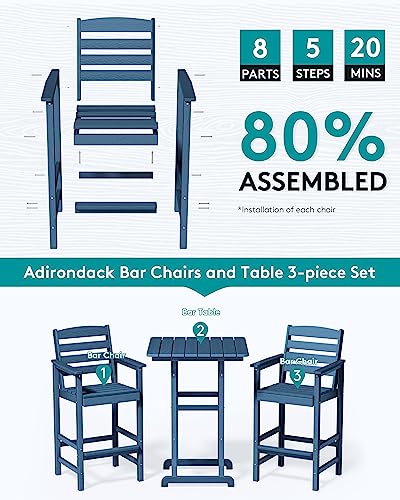 SERWALL Balcony Adirondack Chairs and Table 3 Pieces Set, Adirondack Bar Height Chairs Set of 2 and Bar Table, Outdoor Bar Stools Set for Bistro, Poolside, Backyard, Blue