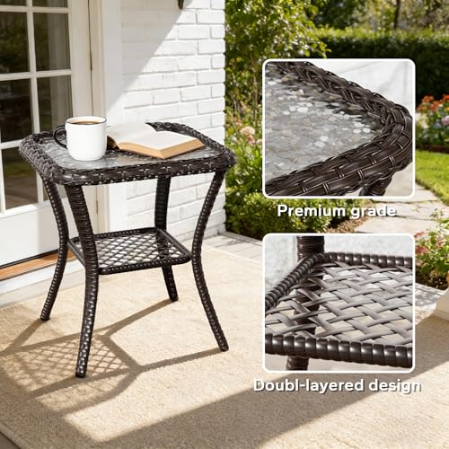 Qsoer 3 Piece Patio Wicker Bistro Set, 2 All-Weather Use Outdoor Wicker Swivel Chairs with PE Rattan Side Table,Ideal for Porch, Backyard, Balcony, Poolside, Beige