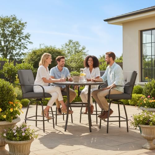 STRPRETTY BASIC Outdoor Swivel Bar Stools Set of 4, Patio Bar Height Swivel Stools with Cushions for Garden Balcony Backyard, Grey