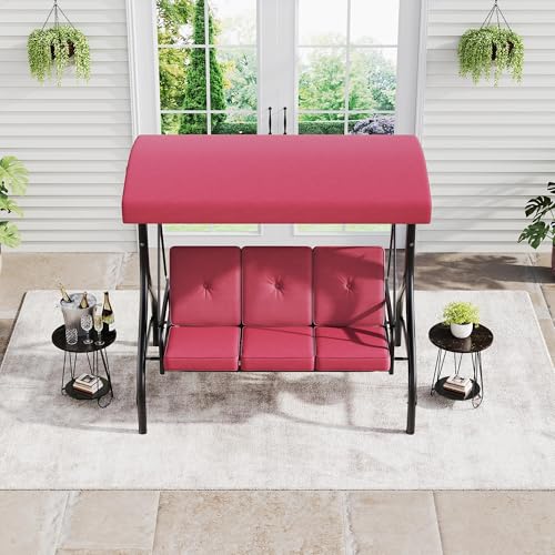 IDEALHOUSE Porch Swing with Stand, 3 Seat Outdoor Patio Swing, 2-in-1 Convertible Swing Bed, Stepless Adjustable UV Resistant Waterproof Canopy, 800 Lbs Capacity, Cushioned Swing for Garden Backyard