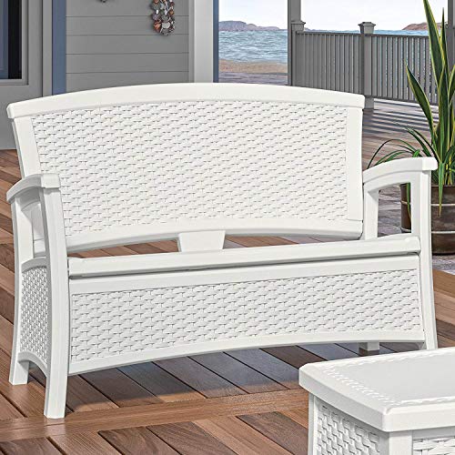 Suncast Elements Stylish Lightweight Loveseat Outdoor Seating with Convenient Built in Universal Storage, and All Weather Resin, White