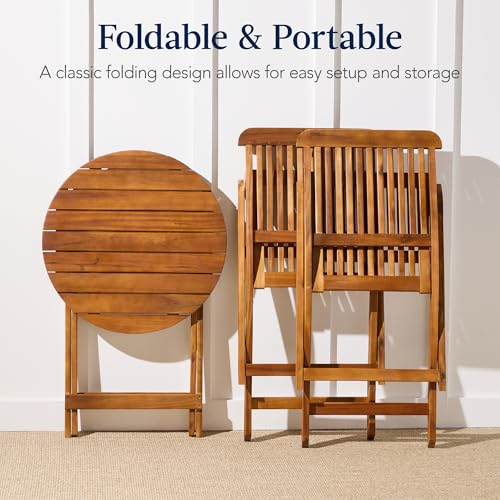 Best Choice Products 3-Piece Acacia Wood Bistro Set, Folding Patio Furniture for Backyard, Balcony, Deck w/ 2 Chairs, Round Coffee Table, Teak Finish - Natural