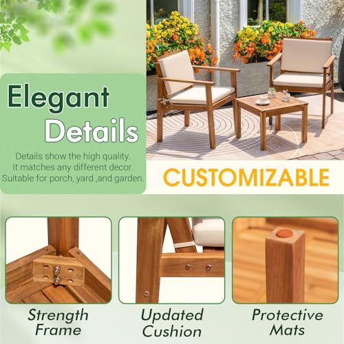 Greesum Outdoor Patio Furniture, 3 Piece Bistro Sofa Set with 1 Coffee Table and 2 Chairs, Acacia Wood Conversation Sets with Cushions, for Garden, Backyard, Poolside, White