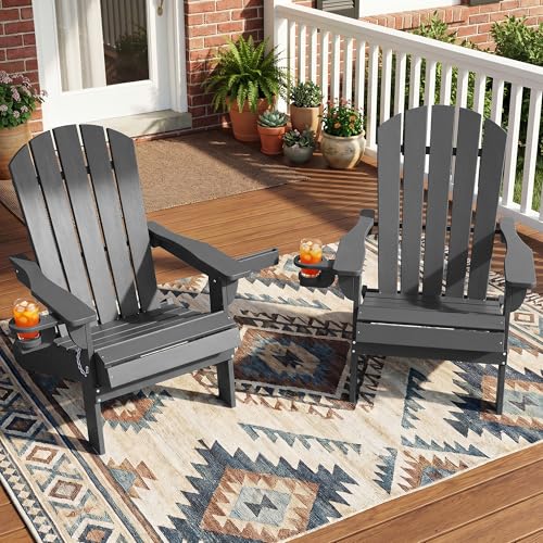 Shintenchi Folding Adirondack Chairs Set of 2,HDPE All-Weather Patio Chairs with Cup Holder & Phone Holder,Wooden Textured Fire Pit Chairs for Patio,Outside,Deck,Backyard,Dark Grey