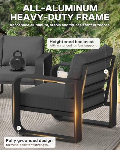 Oasbira Oversized Aluminum Outdoor Furniture Set, Extra Large Patio Furniture Sofa Set 4.8” Widened Armrest & Ultra-Thick Cushions, 5 Pcs Modern Patio Sectional for Backyard, Porch, Graphite