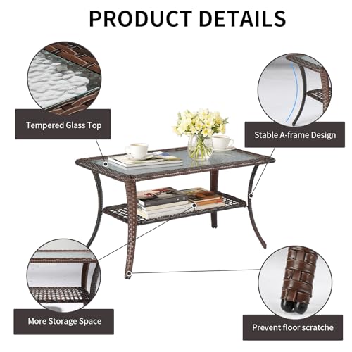 VINGLI Outdoor Coffee Table with Storage Wicker Patio Coffee Table, Tempered Glass Top Coffee Table for Patio Outside Balcony Porch Deck (Brown)
