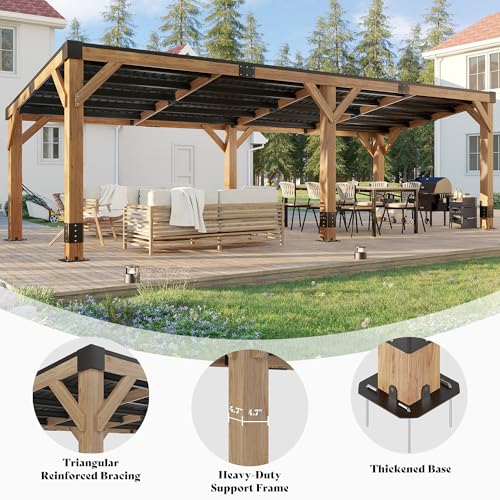 AMERLIFE 10 x 20 FT Spruce Wood Hardtop Gazebo with Sloped Galvanized Steel Roof, Heavy Duty Outdoor Pergola with Bar Shelf for Grill, BBQ, Patio, Backyard, Garden