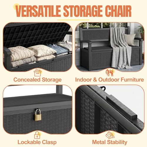 ATMELT Storage Bench Outdoor Deck Box,100 Gallon Waterproof & UV Resistant Lockable Patio Furniture Seating.Indoor/Outdoor Shoe Storage Cabinet for Garden Cushions,Tools,Patio,Pool Supplies(Black)