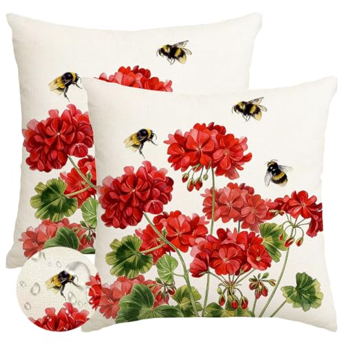 RABUSOFA Spring Summer Outdoor Geranium Pillow Covers 18x18 Inch Set of 2 Waterproof for Outside, Red Bee Holiday Farmhouse Seasonal Indoor Cushion Cases Decoration for Patio Furniture