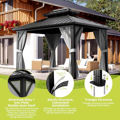 10' x 12' Aluminum Hardtop Gazebo with Double Metal Roof, All-Weather Permanent Outdoor Canopy with Netting & Curtains for Patio, Backyard, Deck, and Lawn