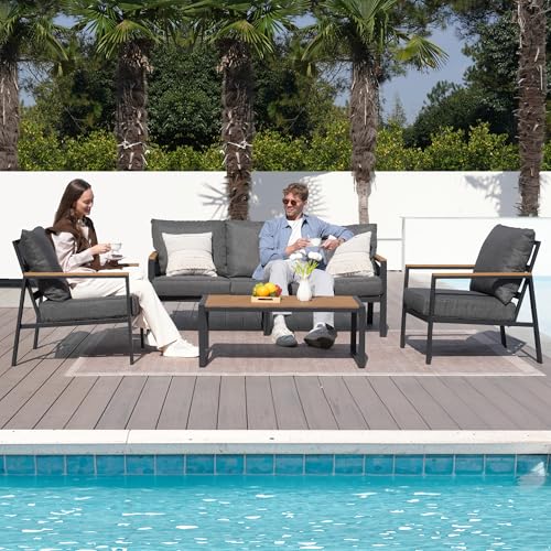 COMLAX FIELD Patio Furniture Set, 4 Pieces Outdoor Furniture Patio Conversation Set with High Back, Faux-Wood Armrest and Tabletop, Outdoor Couch Patio Sofa Set for Balcony, Porch, Backyard, Grey