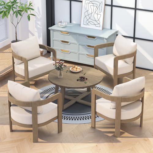 COMLAX FIELD Indoor Round Coffee Table with 35.5” Woodgrain Finish Table Top, Outdoor Metal Modern Side Table 125lbs for Backyard Porch Balcony Living Room, Brown