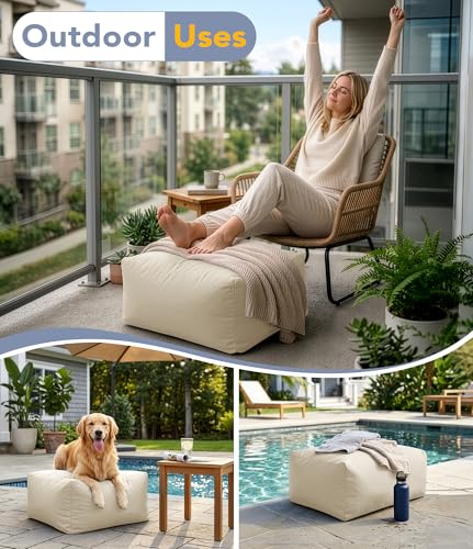 TopNaps Outdoor Patio Bean Bag Ottoman - Small Beanbag Foot Rest Pouf Rectangular with Shredded Foam Filling, Splash-Proof Detachable Zipper Cover for Relaxing, Beige