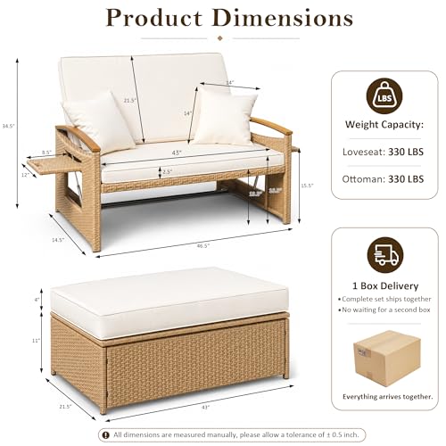 Ancelny Boho Outdoor Daybed, Natural Rattan Patio Loveseat with Storage Ottoman & All-Weather Plastic Wood Armrests, 1-Box Delivery Double Chaise Lounge w/Weather-Resistant Cushions,Beige