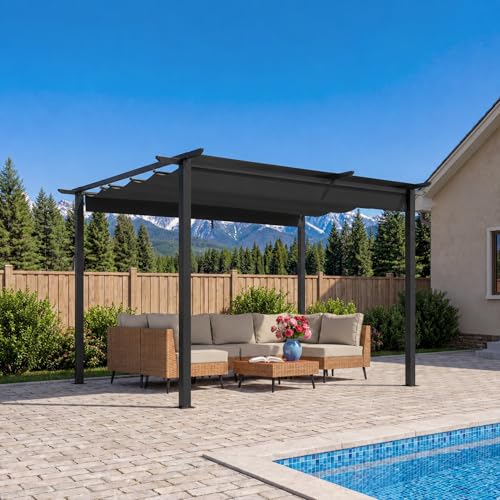 LAUSAINT HOME 10' x 10' Outdoor Retractable Pergola, Heavy-Duty Aluminum Pergola with Sun Shade Canopy for Garden, Backyard, Deck, Porch, Grey