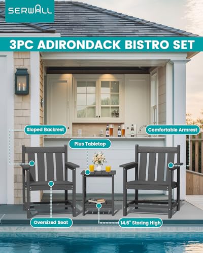 SEWRWALL 3 Pieces Patio Bistro Set, All Weather Adirondack Chair Set with Side Table, HDPE Material Outdoor Patio Furniture Set for Balcony, Porch, Garden, Backyard- Gray
