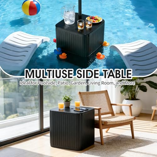BoYata Outdoor Umbrella Side Table, 2-in-1 Outdoor Side Table with Umbrella Hole, 15.9 Gallon Fillable Umbrella Stand Base, Fit Up to 1.5" Pole, Square Patio Side Table for Poolside, Deck, Matte Black