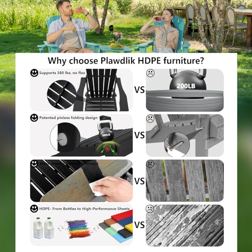 Plawdlik Folding Adirondack Chair Set of 6, Cup Holder，Wooden Textured ，Heavy All-Weather HDPE Comfortable Set Poolside Backyard Lawn, Black
