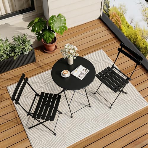 EO Living 3-Piece Steel Folding Bistro Set, Premium Weather-Resistant Patio Table & 2 Chairs for Balcony, Garden, Yard, Poolside & Indoor (Black)