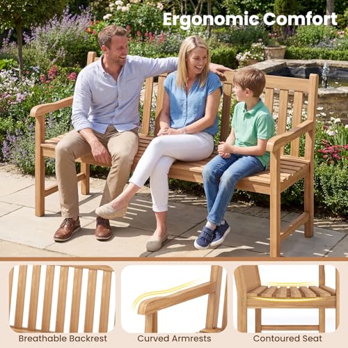 Tangkula 62" Teak Wood Outdoor Bench, 3-Seat Solid Wood Garden Patio Bench with Armrests and Backrest, Wooden Outside Porch Bench Seating Furniture for Backyard, Balcony and Park (62")