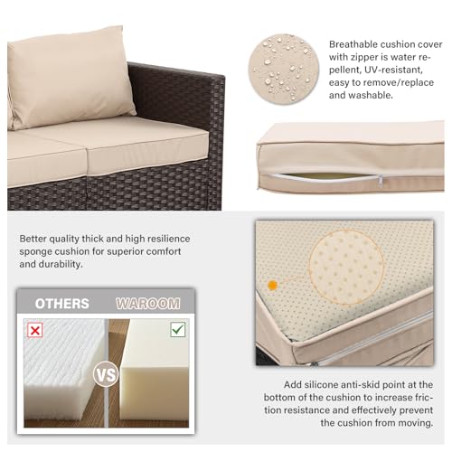 WAROOM Patio Couch PE Rattan 3-Seat Outdoor Sofa Brown Wicker Furniture Set Deep Seating with Anti-Slip Beige Cushion