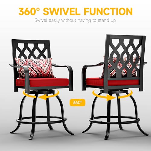 DWVO Metal Outdoor Bar Stools Set of 2, Heavy-Duty Bar Height Outdoor Chairs 352 Lbs Capacity, All-Weather E-Coated Swivel Barstools with Red Cushion & Paisley Pattern Pillow for Patio Deck Balcony