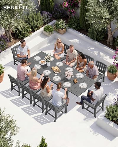 SERWALL 10-Piece Patio Dining Sets with 15FT Patio Umbrella, 60" - 83" Expandable Outdoor Dining Table and 8 HDPE Chairs, All Weather HDPE Outdoor Furniture Set, Grey (Umbreall Base not Included)