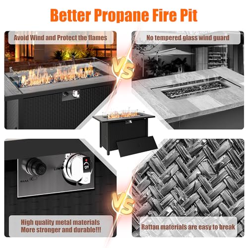 45 inch Outdoor Propane Fire Pit 50,000 BTU Gas Fire Pit Table with Lid, Glass Wind Guard, Waterproof Cover, Rectangle Gas Firepit Table for Garden/Patio, CSA Certification