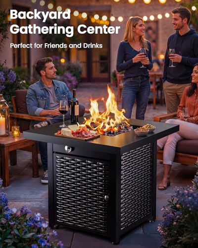 Ciays 28 Inch Propane Fire Pit CSA-Listed Outdoor Fire Pit Table, 50,000 BTU Steel Gas Fire Pits with Lid and Lava Rock, Add Warmth and Ambience to Parties On Patio Deck Garden,Black,CIFPT3-N1