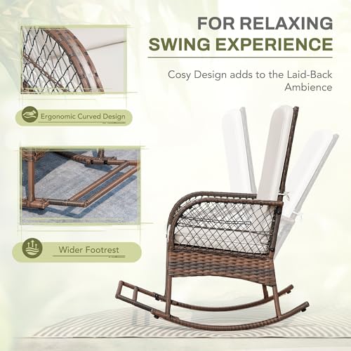 Greesum 3 Piece Outdoor Wicker Rocking Chairs Patio Furniture Set with Glass Coffee Table for Garden Backyard Porch Poolside, Beige