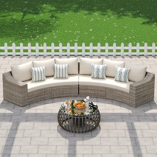 LUXOAK 6-Piece Wicker Patio Furniture Set, Curved Half-Moon Outdoor Sectional Sofa with 6" Wide Armrests, All-Weather Rattan Conversation Set with Thick Cushions, for Backyard/Garden/Deck/Patio