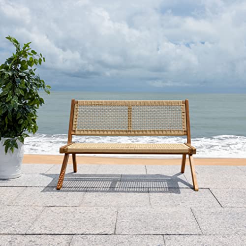 SAFAVIEH Outdoor - Kobina Folding Bench - Natural & Natural - Solid Wood and Rope - Modern Sculpted Folding Design - Ideal for Patio, Deck, Porch, Backyard, 13.8" Seat Height (PAT7304A)