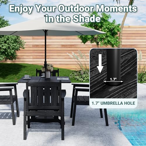 Pamapic 5 PCS Outdoor Dining Set, Spacious HDPE Outdoor Table and Chairs, Wood Grain Patio Furniture Sets with Elegant Armrest, All-Weather Patio Dining Table with Umbrella Hole, Black