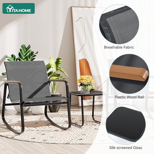 YITAHOME 3 Piece Outdoor Rocking Bistro Set, Textilene Patio Furniture Set with Wooden Armrests, Porch Chairs Set with Glass Table for Garden, Lawn, Poolside, Balcony, Dark Gray