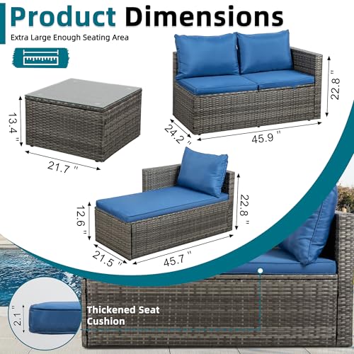 SUNLEI Small Outdoor Sofa Patio Furniture Set with Detachable Cushions, 3 PCS Patio Sectional Sofa with Coffee Table & 5 Position Adjustable,PE Rattan Patio Conversation Set, Silver Rattan/Royal Blue