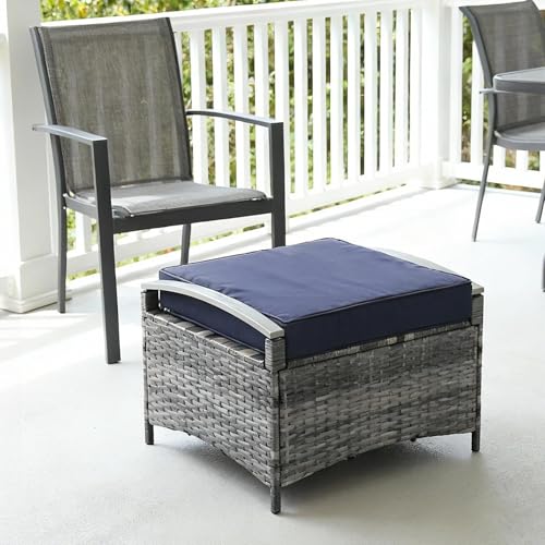 VINGLI 2 Pieces Rattan Ottoman with Storage, Wicker Patio Furniture w/Removable Cushion, Multipurpose Footrest Stool for Outdoor (Classic Gray)