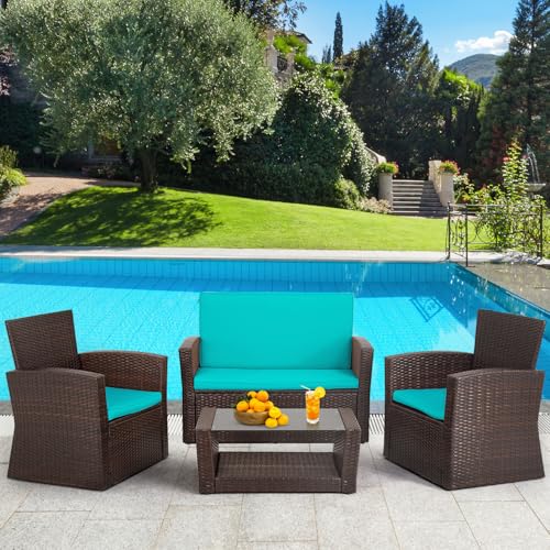 FDW 4 Piece Patio Furniture Sets, Wicker Conversation Set 4 All-Weather Outdoor Sectional Patio Sofa for Porch Deck with Blue Cushion Brown Rattan Sofa Chair