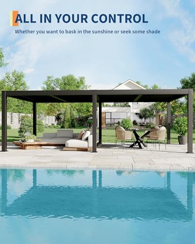 12X24FT All-Aluminum Louvered Pergola,Adjustable Louvered Roof,Reinforced Aluminum Frame,Integrated Drainage System,Hardtop Gazebo for Patio Deck