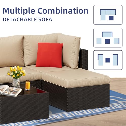 Vongrasig 5 Piece Patio Furniture Sets, Outdoor Patio Set Sectional Sofa, All-Weather PE Rattan Outdoor Couch with Ottoman, Glass Table for Garden, Backyard, Porch, Beige