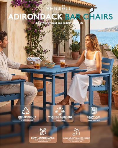 SERWALL Balcony Adirondack Chairs and Table 3 Pieces Set, Adirondack Bar Height Chairs Set of 2 and Bar Table, Outdoor Bar Stools Set for Bistro, Poolside, Backyard, Blue