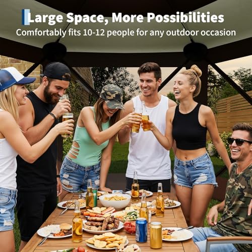 GarveeLife 11.5x11.5FT 6-Sided Pop Up Gazebo Tent，One-Push Setup Canopy Tent with Mesh Panels & Removable Wind Cloths, Outdoor shelter for Camping, Backyard Parties, Outdoor Events - Beige & Khaki