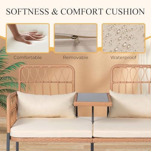 PROHIKER ROHIKER Outdoor Patio Loveseat Rattan Loveseat 2-Seat Furniture with Built-in Table, Lumbar Pillows and Cushions, All-Weather Small Patio Couch for Balcony, Lawn, Backyard
