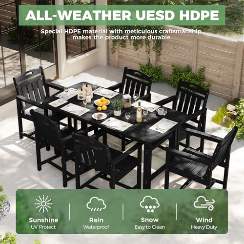 SUUNYN HDPE Outdoor Dining Set, Patio Table and Chairs Set, All-Weather 7-Piece Outside Table and 6 Chairs, 2" Umbrella Hole, Outdoor Furniture for Garden, Poolside, Backyard, Deck | Black
