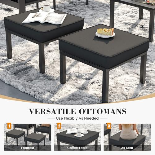 UDPATIO Aluminum Outdoor Furniture Set with 2 Ottomans and Fire Pit Table, 7 Pieces All-Weather & UV-Resistant Patio Sectional Sofa Set for Deck, Backyard, Poolside, Dark Gray