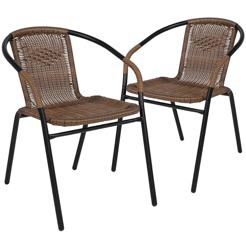 EMMA + OLIVER Set of 2 Modern PE Rattan Stack Chairs, Indoor/Outdoor Patio Dining Chairs, No Assembly Required, Brown