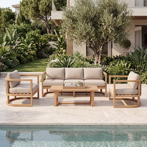 Christopher Knight Home Fido 5-Seater Patio Furniture Set with Cushion, 4 Piece Outdoor Acacia Wood Conversation Set, Solid Wood Outdoor Sectional Sofa Set with Coffee Table, Light Teak+Beige
