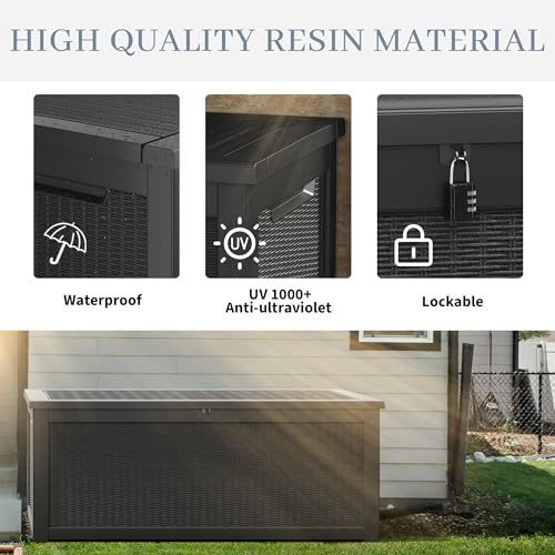 WTFGO 320 Gallon Outdoor Storage Box, Resin Deck Boxes Outdoor Waterproof For Patio Furniture, Garden Tools, Pool Supplies, Lockable And UV Resistant (Rattan Black)