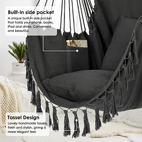 Y- STOP Hammock Chair Hanging Rope Swing, Max 500 Lbs, 2 Cushions Included, Large Macrame Hanging Chair with Pocket, Cotton Weave for Superior Comfort, Durability (Dark Grey)